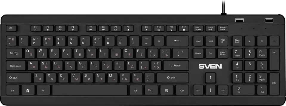 SVEN KB-E5700H Wired USB Membrane Keyboard, 104 Keys, 12 Multimedia Fn Keys, Dual Integrated USB Ports, Slim Low-Profile Island Design, Water-Resistant, Black