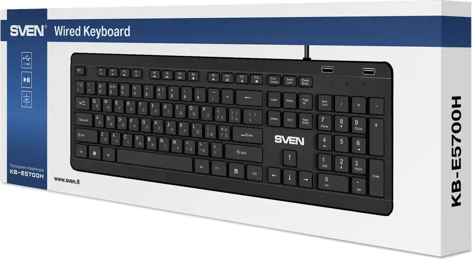 SVEN KB-E5700H Wired USB Membrane Keyboard, 104 Keys, 12 Multimedia Fn Keys, Dual Integrated USB Ports, Slim Low-Profile Island Design, Water-Resistant, Black