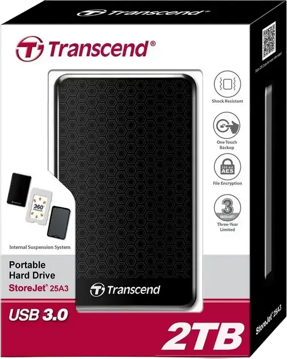 Transcend StoreJet 25A3 Portable External Hard Drive 2.5" HDD 2 TB USB 3.1 Gen 1 5Gbps with Shock Absorber Suspension and One-Touch Auto-Backup