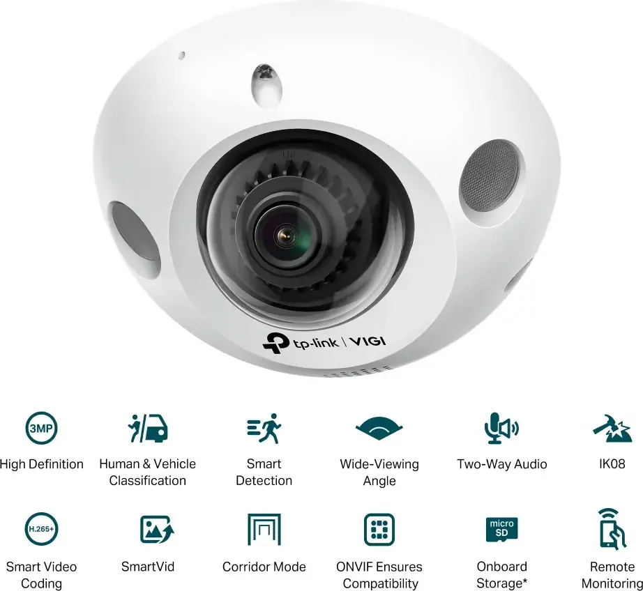 TP-Link VIGI C230I Mini 3MP Compact Dome Security Camera, 2.8mm Wide Angle, H.265+, Two-Way Audio, IK08 Vandal Resistant, Smart Detection, White