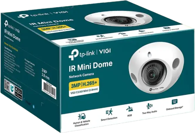 TP-Link VIGI C230I Mini 3MP Compact Dome Security Camera, 2.8mm Wide Angle, H.265+, Two-Way Audio, IK08 Vandal Resistant, Smart Detection, White