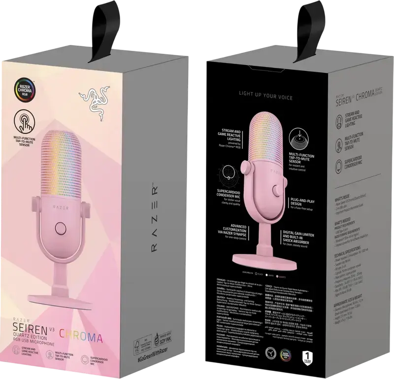 Razer Seiren V3 Chroma USB Gaming Microphone - Quartz, Supercardioid Condenser, Razer Chroma RGB Lighting, Tap-to-Mute Sensor, Gain Control, Desktop Stand