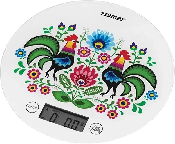 Электронные кухонные весы Zelmer ZKS1611, до 5 кг, точность 1 г, стеклянная платформа с фольклорным узором, LED-дисплей, функция тары, белые