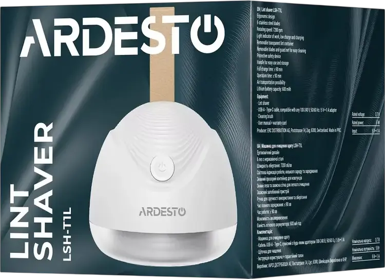 Scurtator de scame Ardesto LSH-T1L, lame din otel inoxidabil 7200 RPM, baterie litiu 600mAh, incarcare USB-C, indicatori LED, Alb