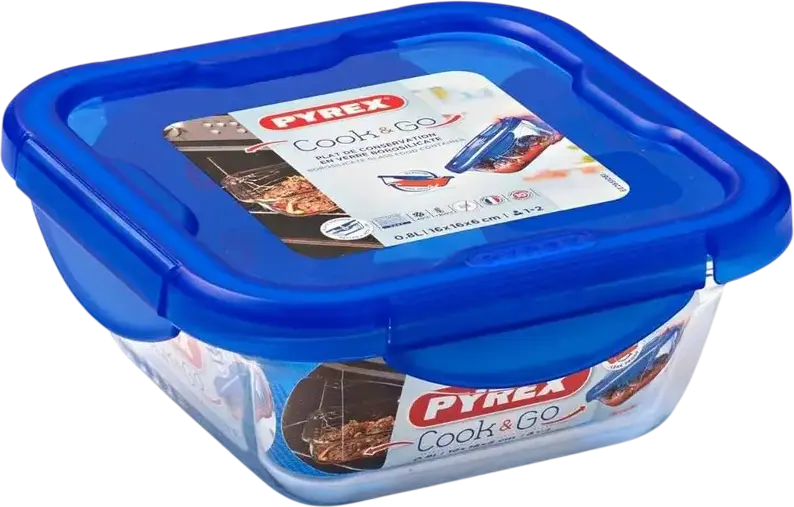 Tava patrata de sticla Pyrex 285PG00 Cook&Go cu capac de plastic etans, 0.8L, 16x16x6 cm, rezistenta la soc termic pana la 220°C, fabricata in Franta