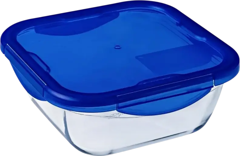 Tava patrata de sticla Pyrex 285PG00 Cook&Go cu capac de plastic etans, 0.8L, 16x16x6 cm, rezistenta la soc termic pana la 220°C, fabricata in Franta
