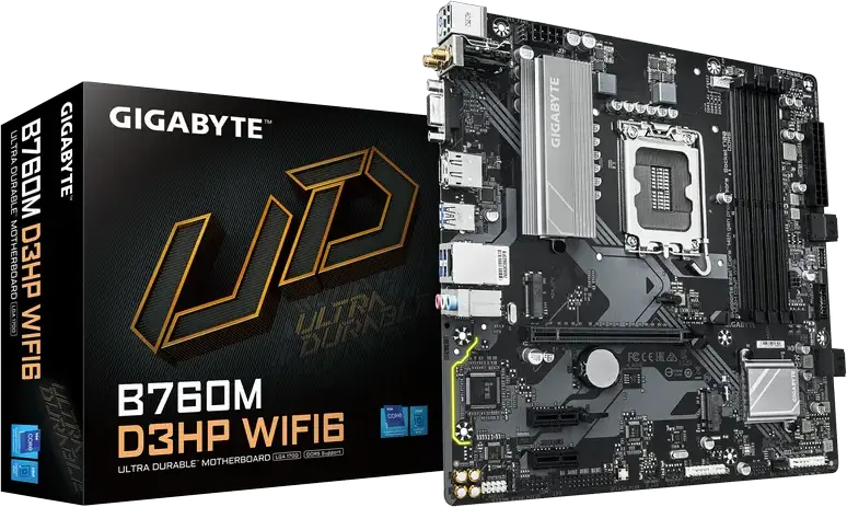 Placa de baza Gigabyte B760M D3HP WIFI6 Micro-ATX LGA1700 Intel B760 DDR5 5600MHz Max 192GB RAM PCIe 4.0 M.2 Wi-Fi 6 Bluetooth 5.3 HDMI DP VGA