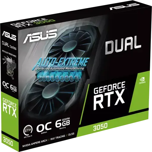 ASUS Dual GeForce RTX 3050 Graphics Card DUAL-RTX3050-O6G, 6GB GDDR6, NVIDIA Ampere, OC Mode 1537 MHz, HDMI 2.1, DisplayPort 1.4a, Dual Fan Cooling