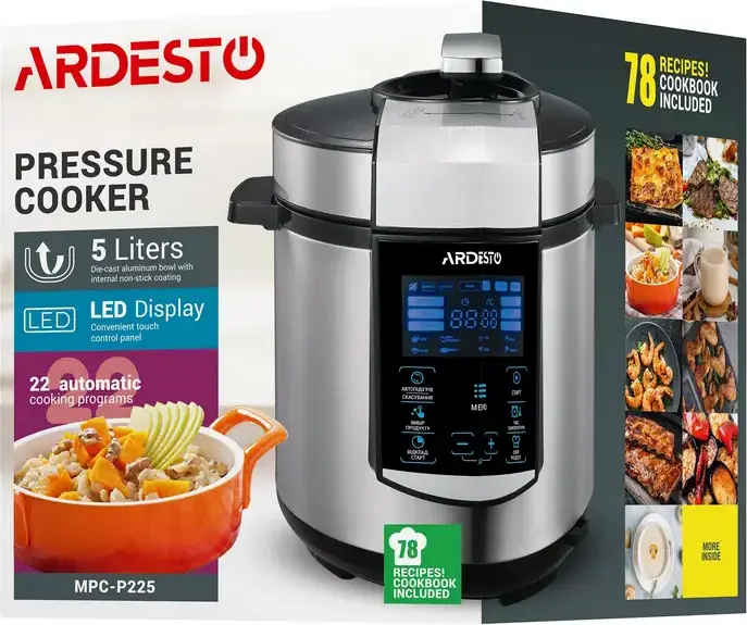 Ardesto MPC-P225 Electric Pressure Cooker Multicooker, 5L Cast Aluminum Non-Stick Bowl, 900W, 22 Automatic Programs, LED Touch Control, Silver/Black