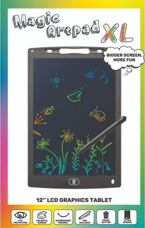 Tableta de scris LCD Cellularline Magic Artpad XL 12 inch, Ecran Color Protejator pentru Ochi, Stergere cu Un Click, Stylus Sensibil, Negru