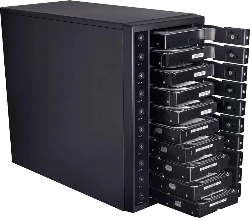Cuib External HDD/SSD Century CRST1035U32CIS cu 10 Bay-uri, Interfața USB 3.2 Gen 2 SATA-3 pentru Discuri de 3.5" si 2.5", Carcasă Tower cu Ventilator