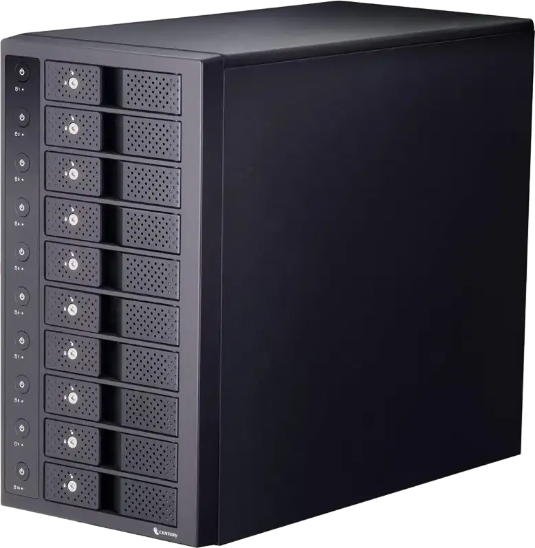 Cuib External HDD/SSD Century CRST1035U32CIS cu 10 Bay-uri, Interfața USB 3.2 Gen 2 SATA-3 pentru Discuri de 3.5" si 2.5", Carcasă Tower cu Ventilator
