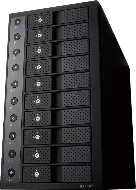 Cuib External HDD/SSD Century CRST1035U32CIS cu 10 Bay-uri, Interfața USB 3.2 Gen 2 SATA-3 pentru Discuri de 3.5" si 2.5", Carcasă Tower cu Ventilator