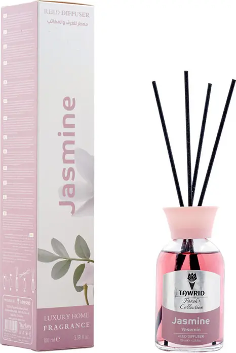 Tawrid Farah Collection Jasmine Reed Diffuser, 100 ml Glass Bottle Fragrance Oil with Reed Sticks and Decorative Collar, Made in Turkey