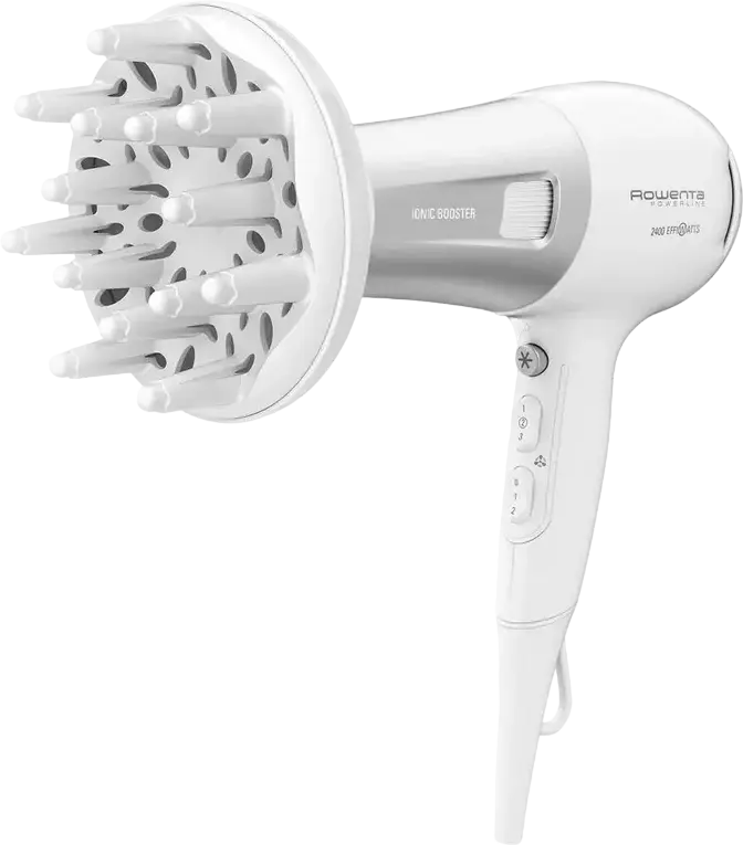 Fön Rowenta Powerline CV5930F0, 2400W, Alb, Funcție Ionic Booster, 3 Trepte de Temperatura și 2 Viteze, Tehnologie Effiwatts și Thermo Control, cu Difuzor și Concentrator