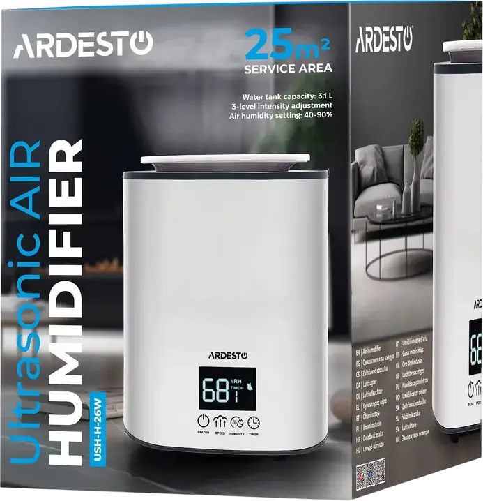 Ardesto USH-H-26W Ultrasonic Air Humidifier, 3.1L Top-Fill Tank, LCD Display with Hygrostat 40-90%, 3 Steam Modes, Timer, Auto Shut-off, White