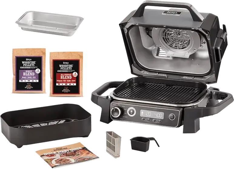 Ninja Woodfire OG701EU Electric BBQ Grill & Smoker, 2400W, 7-in-1 Air Fry Roast Bake Dehydrate Reheat, Woodfire Pellet Technology, LCD Display, Grey