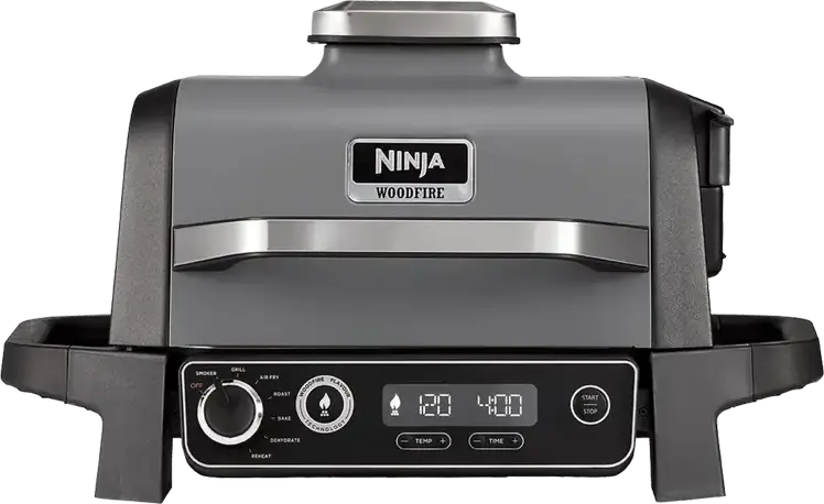 Ninja Woodfire OG701EU Electric BBQ Grill & Smoker, 2400W, 7-in-1 Air Fry Roast Bake Dehydrate Reheat, Woodfire Pellet Technology, LCD Display, Grey