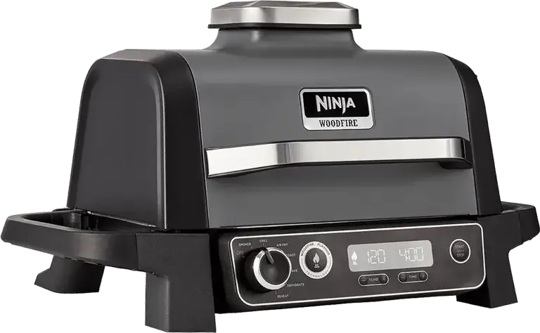 Ninja Woodfire OG701EU Electric BBQ Grill & Smoker, 2400W, 7-in-1 Air Fry Roast Bake Dehydrate Reheat, Woodfire Pellet Technology, LCD Display, Grey