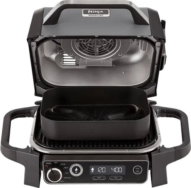 Ninja Woodfire OG701EU Electric BBQ Grill & Smoker, 2400W, 7-in-1 Air Fry Roast Bake Dehydrate Reheat, Woodfire Pellet Technology, LCD Display, Grey