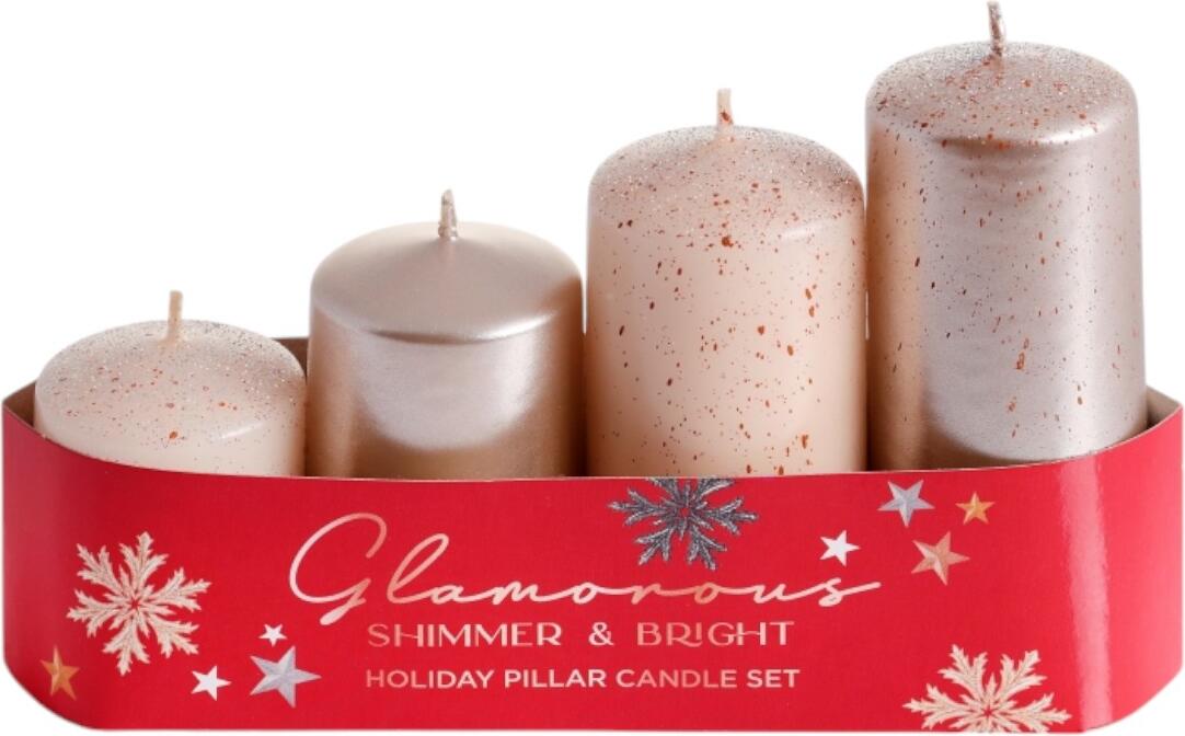 OEM Свечи столбиковые "GLAMOROUS SHIMMER & BRIGHT" 4 шт. блестящая отделка, красная упаковка