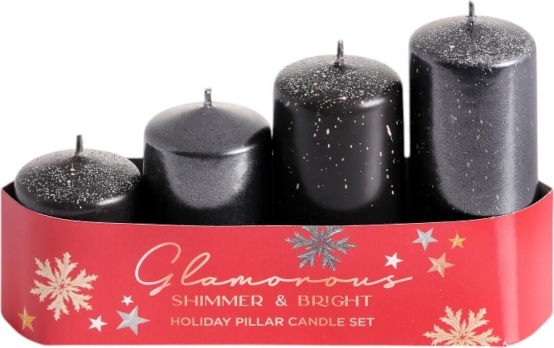 OEM Праздничные свечи GLAMOROUS SHIMMER & BRIGHT, черные, 4 шт. разной высоты
