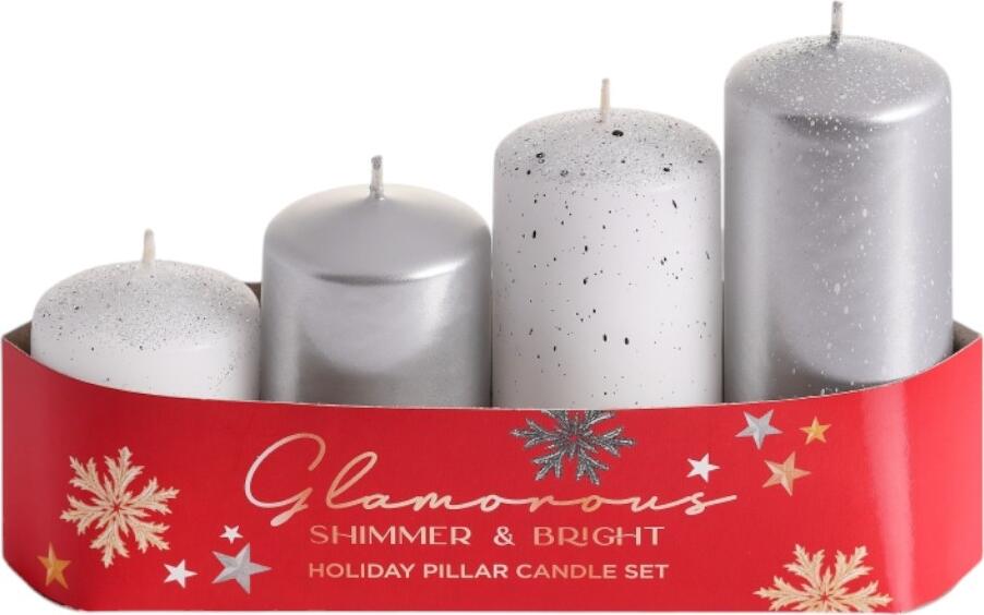 OEM Свечи праздничные GLAMOROUS SHIMMER & BRIGHT, блестящие, разной высоты, серебряно-белые, красная упаковка, снежинки и звездочки