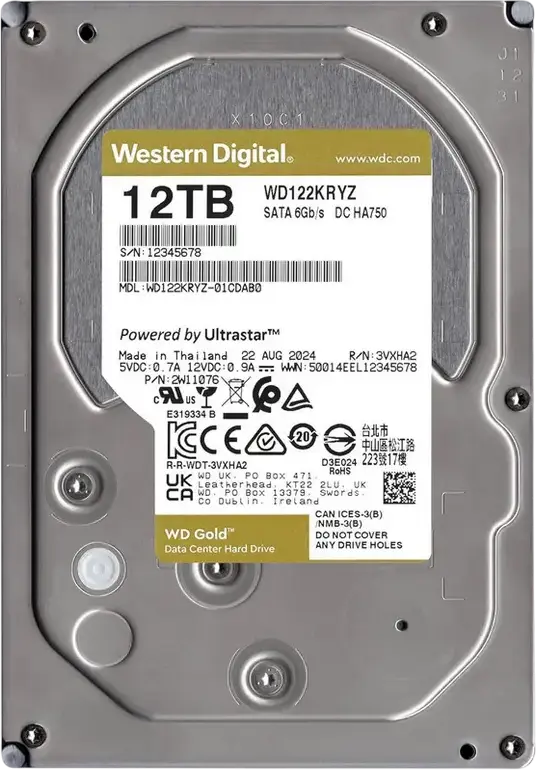 Hard Disk Intern Western Digital WD Gold 12TB WD122KRYZ, HDD 3.5 inch SATA 6Gb/s, 7200 RPM, Cache 512MB, Tehnologie CMR HelioSeal OptiNAND Enterprise