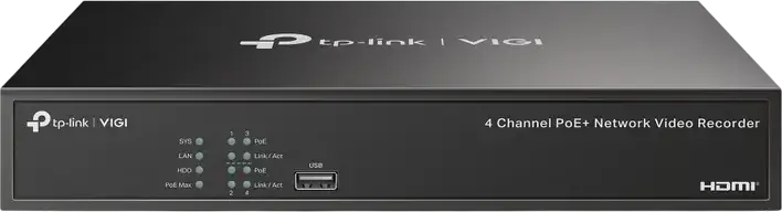 TP-Link VIGI NVR1004H-4P 4-Channel PoE+ Network Video Recorder, 8MP Resolution, H.265+ Compression, 1x SATA up to 10TB, HDMI/VGA, ONVIF, Black