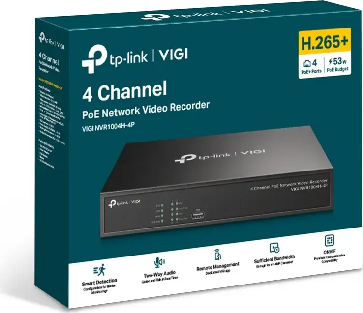 TP-Link VIGI NVR1004H-4P 4-Channel PoE+ Network Video Recorder, 8MP Resolution, H.265+ Compression, 1x SATA up to 10TB, HDMI/VGA, ONVIF, Black