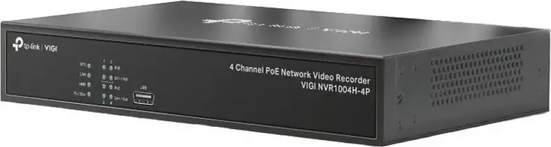 TP-Link VIGI NVR1004H-4P 4-Channel PoE+ Network Video Recorder, 8MP Resolution, H.265+ Compression, 1x SATA up to 10TB, HDMI/VGA, ONVIF, Black