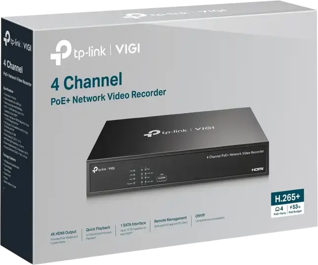 TP-Link VIGI NVR1004H-4P 4-Channel PoE+ Network Video Recorder, 8MP Resolution, H.265+ Compression, 1x SATA up to 10TB, HDMI/VGA, ONVIF, Black