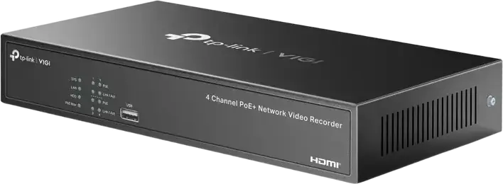 TP-Link VIGI NVR1004H-4P 4-Channel PoE+ Network Video Recorder, 8MP Resolution, H.265+ Compression, 1x SATA up to 10TB, HDMI/VGA, ONVIF, Black