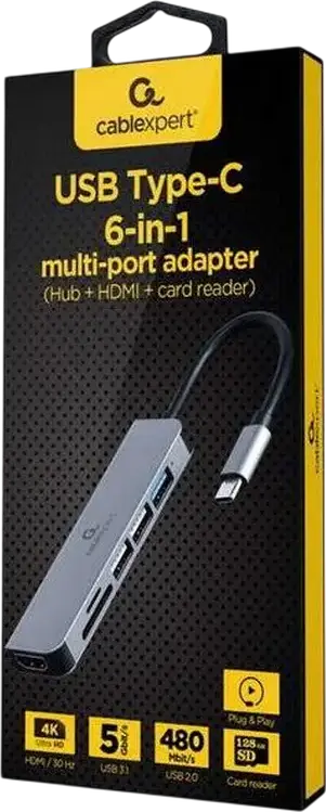 USB Type-C хаб Gembird A-CM-COMBO6-02, док-станция 6-в-1 из алюминия с HDMI, USB 3.0, USB 2.0, слотами SD и MicroSD, 5 Гбит/с, серый