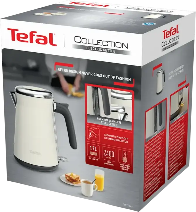 Fierbator electric Tefal KI666AE0 Collection, Capacitate 1.7L, Putere 2400W, Corp din Otel Inoxidabil, Filtru Anti-calcar, Protectie Impotriva Functionarii in Secat, Alb