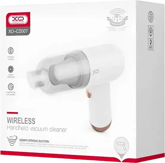 XO CZ007 Handheld Vacuum Cleaner, 1500 mAh Battery, 3.2 kPa Suction Power, 0.4L Dust Container, HEPA Filter, White, with Crevice Tool