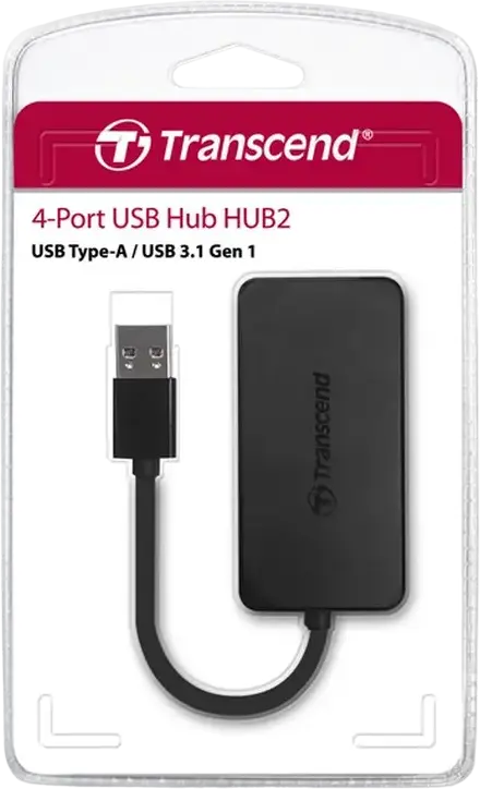Transcend HUB2 4-Port USB Hub, USB 3.1 Gen 1 SuperSpeed Interface, Compact ABS Plastic Design for Ultrabooks and Thin Laptops, Black