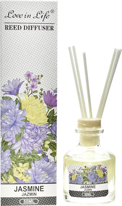 Love in Life Jasmine Reed Diffuser, 50 ml Fragrance Oil with Glass Bottle and Reed Sticks for Home Scenting