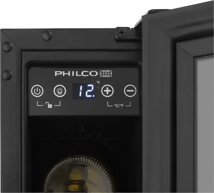 Встраиваемый винный шкаф Philco PW6GBI, на 6 бутылок, объем 18 л, LED-дисплей, электронное управление, деревянные полки, черный, 14.8x81.3x52.5 см