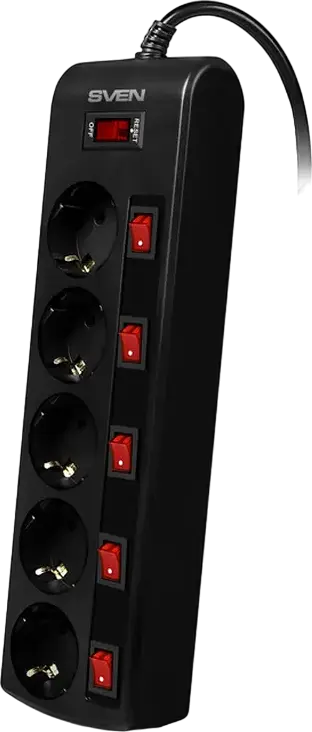SVEN SF-05PL Surge Protection Power Strip, 5 Sockets with Individual Switches and Indicators, Schuko CEE 7/4, 3m Cable, 2300W, Fire-Resistant Black