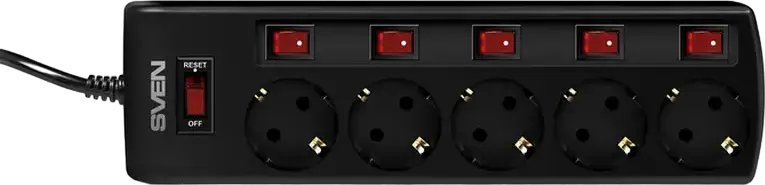 SVEN SF-05PL Surge Protection Power Strip, 5 Sockets with Individual Switches and Indicators, Schuko CEE 7/4, 3m Cable, 2300W, Fire-Resistant Black