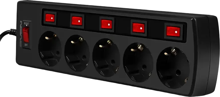 SVEN SF-05PL Surge Protection Power Strip, 5 Sockets with Individual Switches and Indicators, Schuko CEE 7/4, 3m Cable, 2300W, Fire-Resistant Black