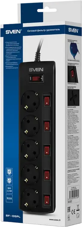 SVEN SF-05PL Surge Protection Power Strip, 5 Sockets with Individual Switches and Indicators, Schuko CEE 7/4, 3m Cable, 2300W, Fire-Resistant Black
