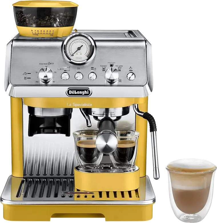 DeLonghi EC9155.YE La Specialista Arte Manual Espresso Machine, Integrated Grinder 8 Settings, 15 Bar Pump, Metal Housing, Yellow, 1400W