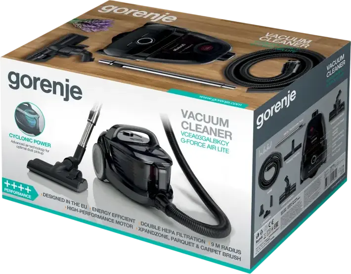 Gorenje VCEA03GALBKCY G-FORCE AIR LITE Bagless Cylinder Vacuum Cleaner, 700W, 180W Suction, 3.3L Container, Double HEPA Filter, Black