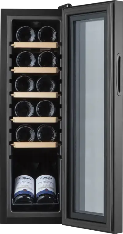 Philco PW12KF Wine Cooler, 12 Bottles Capacity, Black, LED Display, Electronic Control, 5 Wood Shelves, 32L Volume, Energy Class G