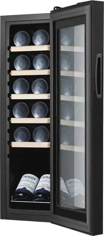 Philco PW12KF Wine Cooler, 12 Bottles Capacity, Black, LED Display, Electronic Control, 5 Wood Shelves, 32L Volume, Energy Class G
