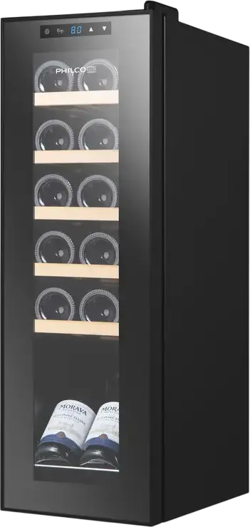 Philco PW12KF Wine Cooler, 12 Bottles Capacity, Black, LED Display, Electronic Control, 5 Wood Shelves, 32L Volume, Energy Class G