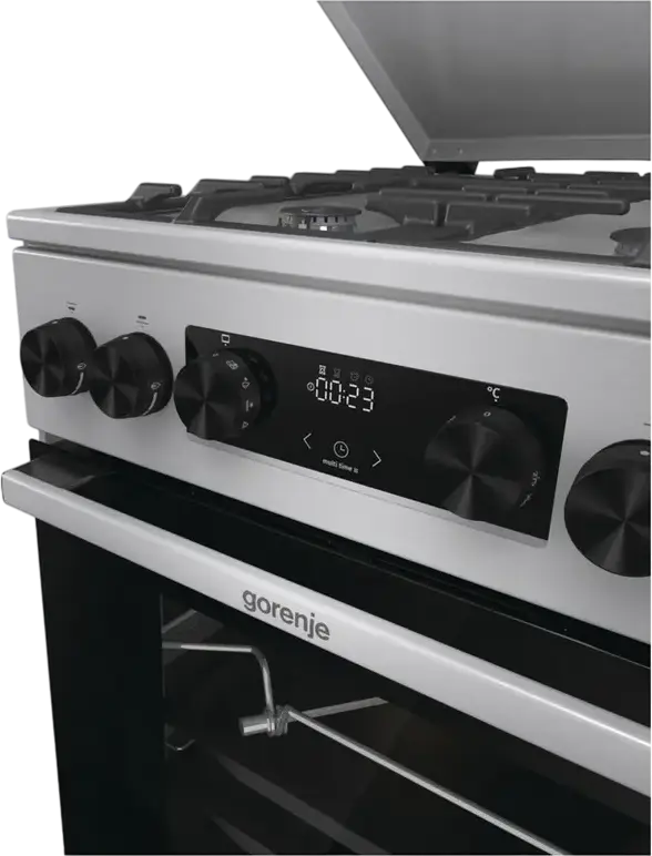 Комбинированная плита Gorenje GKS5C71XF, Газовая варочная панель с чугунными решетками, Электрический духовой шкаф 70л, Air Fry, Пар, Нержавеющая сталь