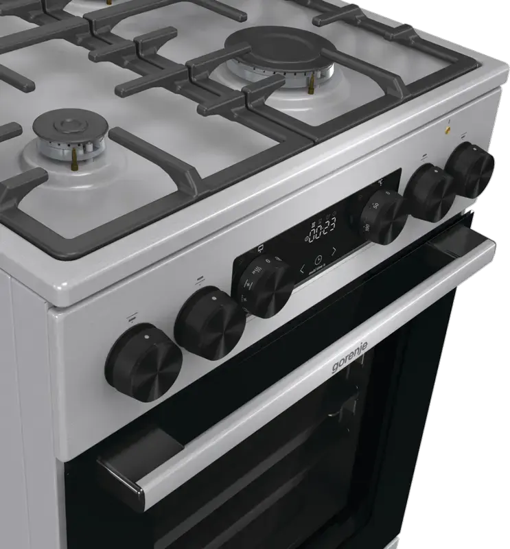 Комбинированная плита Gorenje GKS5C71XF, Газовая варочная панель с чугунными решетками, Электрический духовой шкаф 70л, Air Fry, Пар, Нержавеющая сталь
